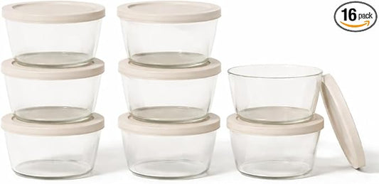 16-Piece Glass Food Storage Containers Set (8 Containers + 8 BPA-Free Lids) | 1-Cup, Leakproof | Microwave, Freezer, Oven & Dishwasher Safe | Ideal for Meal Prep & Pantry Organization, Beige