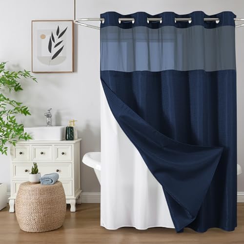 Colorful Star Navy Blue No Hook Waffle Shower Curtain Set, 72" W x 87" L