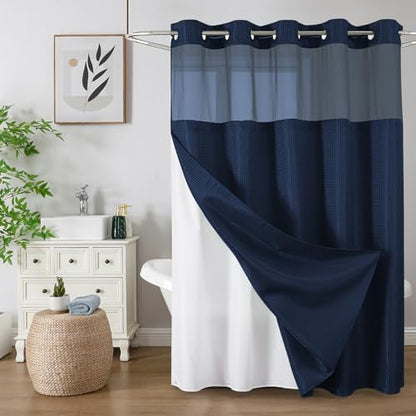 Colorful Star Navy Blue No Hook Waffle Shower Curtain Set, 72" W x 87" L