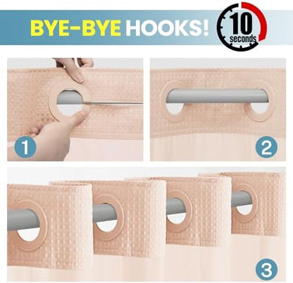 No Hook Waffle Shower Curtain with Snap in Liner Set, 71x74, Blush Pink