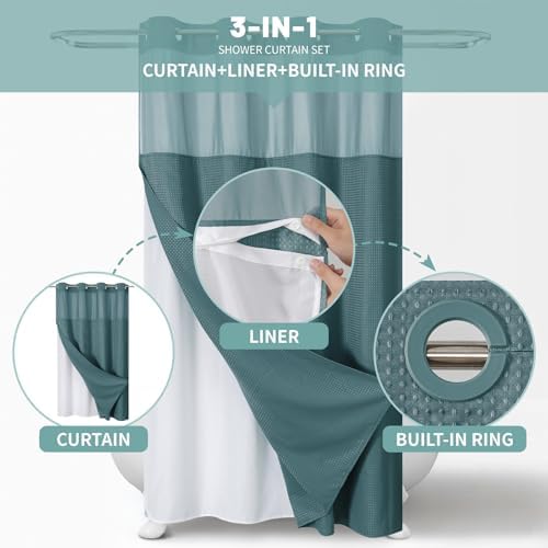eachope SeawedGreen No Hook Waffle Weave Shower Curtain with snap-in Liner Replacement, 230GSM Waterproof Fabric Hotel Shower Curtain Set for Bathroom, Through Mesh Top Window,54Wx80H
