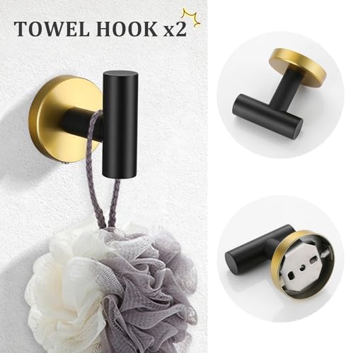 TURS Black and Gold Bathroom Hardware Set 5 Piece, SUS304 Stainless Steel Gold Black Towel Bar Set, 24 Inch Bathroom Accessories Kit Wall Mounted