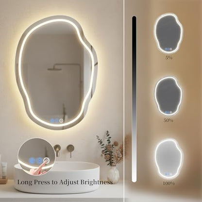 Irregular Wall Mirror 25 x 35 Inch, Lighted Mirrors for Bathroom Wall, Asymmetrical LED Mirror for Bathroom with Anit-Fog, Dimmable, Memory Function (Horizontal/Vertical)