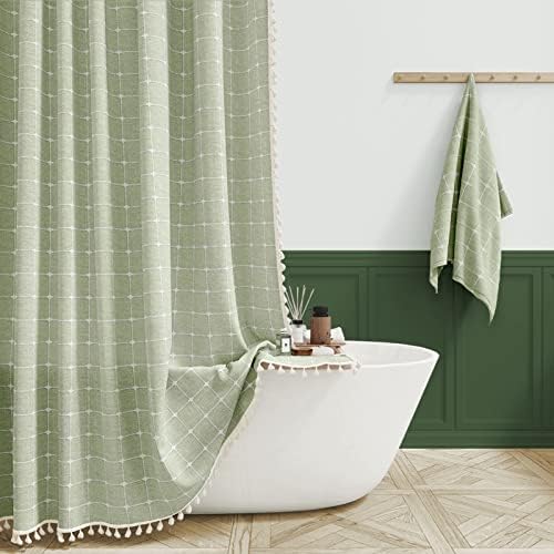 BTTN 72x90 Boho Farmhouse Linen Heavy Duty Shower Curtain Set, Sage Green