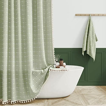 BTTN 72x90 Boho Farmhouse Linen Heavy Duty Shower Curtain Set, Sage Green