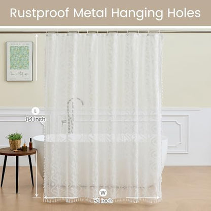 WAZZIO White Lace Shower Curtain - Vintage Pretty Flower Sheer Shower Curtains, Elegant Decorative Tassel Bath Curtains for Bathroom, 72 x 84 Inch, 1 Piece