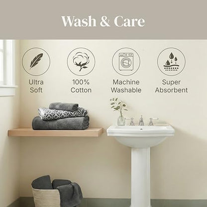 Modern Threads 6 Piece Bath Towel Set – Bathroom Set with 2 Bath Towels, 2 Hand Towels, and 2 Wash Cloths – 100% Cotton, Super Absorbent & Extra Soft – Reversible Botanical Vine (Gray)
