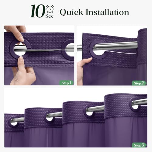 Dynamene Purple Hook Free Waffle Shower Curtain & Snap Fabric Liner,72x75