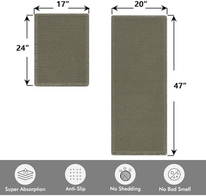 MIULEE Set of 2 Waffle Bathroom Rugs Boho Bath Mat Green 17"x24"+20"x47"