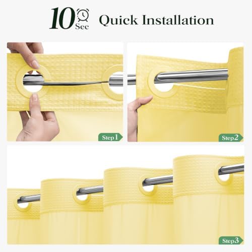 Dynamene Yellow Hook Free Waffle Shower Curtain & Snap Fabric Liner,72x99