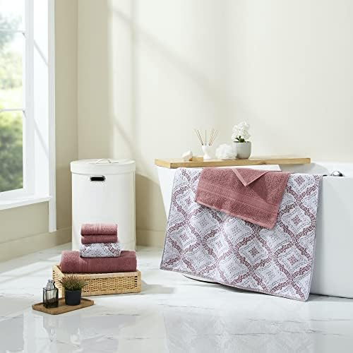 Modern Threads Capri 6-Piece Reversible Yarn Dyed Jacquard Towel Set - Bath Towels, Hand Towels, & Washcloths - Super Absorbent & Quick Dry - 100% Combed Cotton, Rosewood