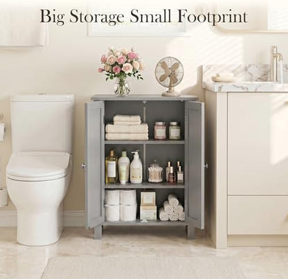 ZENY Bathroom Floor Storage Cabinet with Double Door + Adjustable Shelf, Wooden Organizer Cabinet for Living Room, Bathroom, Bedroom, Modern Home Furniture (Gray)