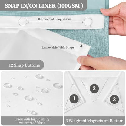 BTTN Teal Ringless Linen Textured Shower Curtain with Snap in Liner, 72x75