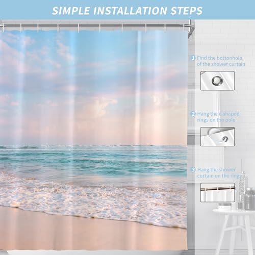 Ocean Beach Coastal Seaside Shower Curtain for Bathroom 72W*72H Inch Nautical Summer Seacoast Beachy Waves Bathtub Decor Seascape Neutral Waterproof Polyester Fabric Set with 12 Hooks
