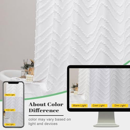 OWENIE Extra Long White Boho Shower Curtain, Chic Tufted Chevron Striped Textured Cloth Fabric Shower Curtains with Tassel for Bathroom, Soft Hotel Style Farmhouse, Machine Washable, 72x96
