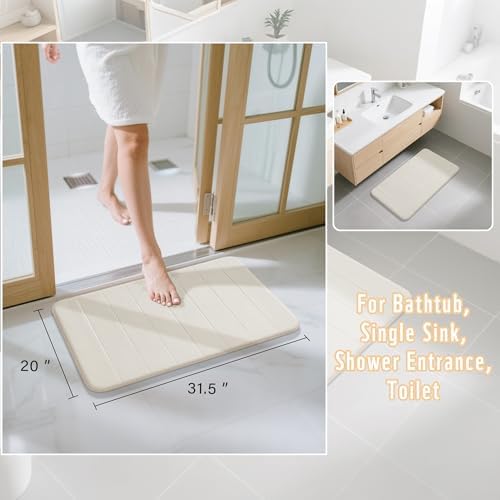Yimobra Memory Foam Bath Mat, Super Soft Absorbent Bathroom Rug Non Slip 31.5x20 Inch, Quick Dry, Machine Washable Floor Carpet for Tub Shower, Home Decor Accessories, Cream