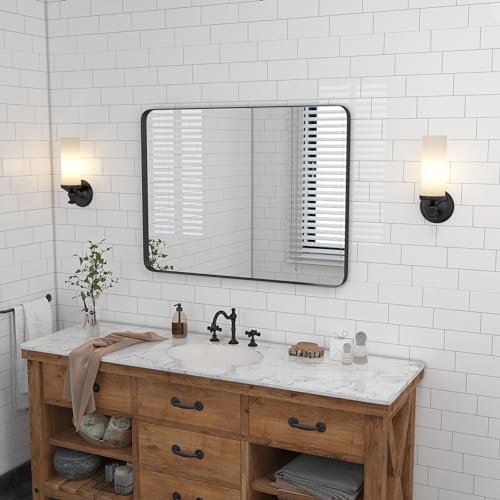 VocalStar Black Bathroom Mirror for Wall, 28 x 40 Inch Rounded Rectangle Metal Framed Bathroom Wall Vanity Mirror Farmhouse, 1/4-inch Shatterproof Glass | Ultra-Flush Hanging