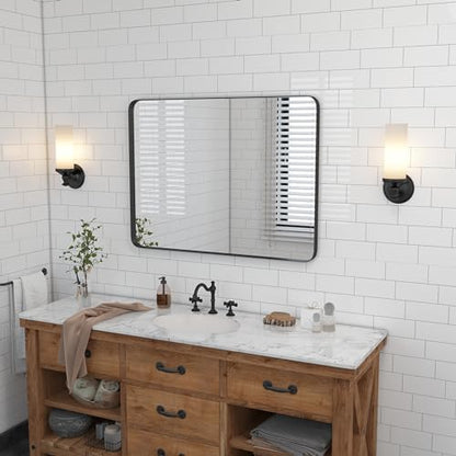 VocalStar Black Bathroom Mirror for Wall, 28 x 40 Inch Rounded Rectangle Metal Framed Bathroom Wall Vanity Mirror Farmhouse, 1/4-inch Shatterproof Glass | Ultra-Flush Hanging