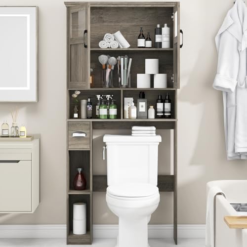 Vabches Over The Toilet Storage Cabinet with Doors & Paper Holder, Grey
