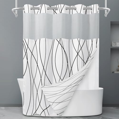 LXBNI Black White No Hook Shower Curtain with Liner, 71 x 80 Inch