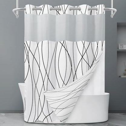 LXBNI Black White No Hook Shower Curtain with Liner, 71 x 80 Inch
