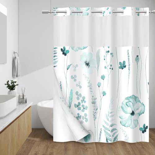 WITHLOC No Hook Floral Shower Curtain with Liner, Seaweed Green, 71x74