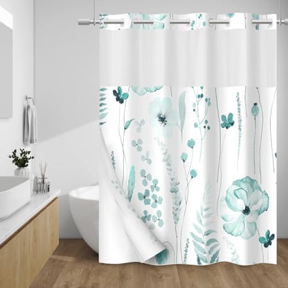 WITHLOC No Hook Floral Shower Curtain with Liner, Seaweed Green, 71x74
