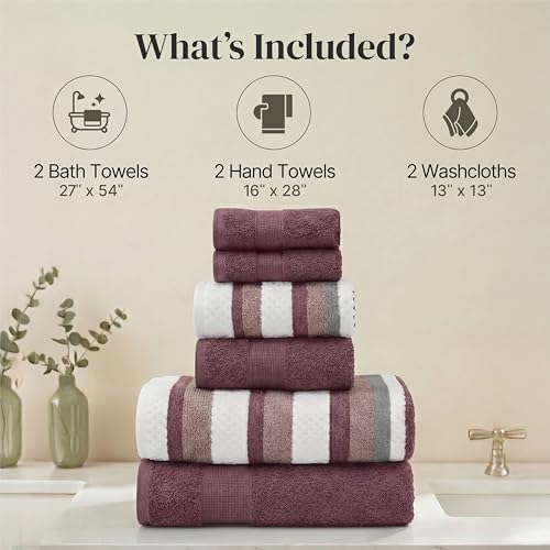Modern Threads 6 Piece Bath Towel Set – Bathroom Towel Set with 2 Bath Towels, 2 Hand Towels & 2 Washcloths – 100% Cotton, Soft & Absorbent – Wide Stripe (Rose)