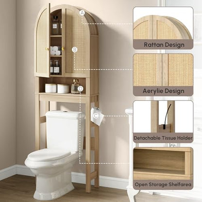 HMstone Over The Toilet Storage Cabinet, Arched Bathroom Organizer and Storage with Rattan Doors and Adjustable Shelf, Space-Saving Freestanding Bathroom Modern Storage Cabinet Over Toilet (Natural)