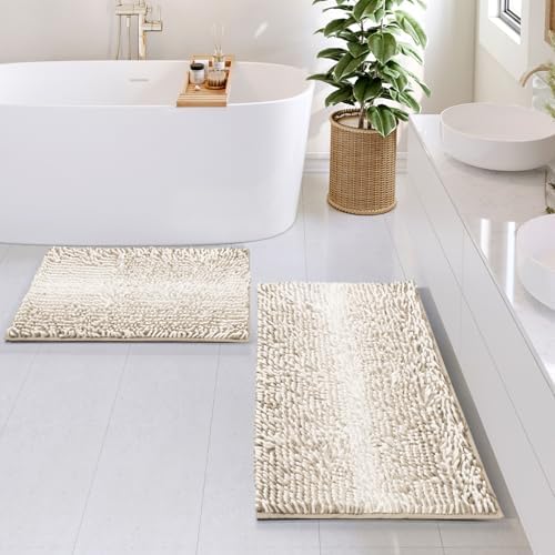 Hearth & Harbor Bathroom Rugs, Chenille Bath Mat - Machine Washable Bath Mats for Bathroom Non-Slip Backing Rubber, Quick Dry Bathroom Mat, 17 x 24 + 20 x 32 - Ombre Beige