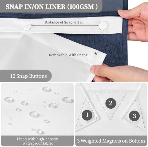 BTTN 72x81 Ringless Linen Look Shower Curtain with Snap in Liner, Navy Blue