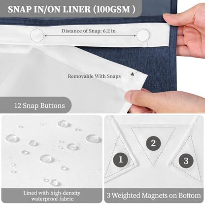 BTTN 72x81 Ringless Linen Look Shower Curtain with Snap in Liner, Navy Blue