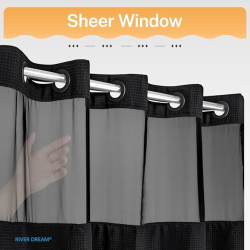 RiverDream Heavyweight Waffle No Hook Shower Curtain with Liner,Black,36x74