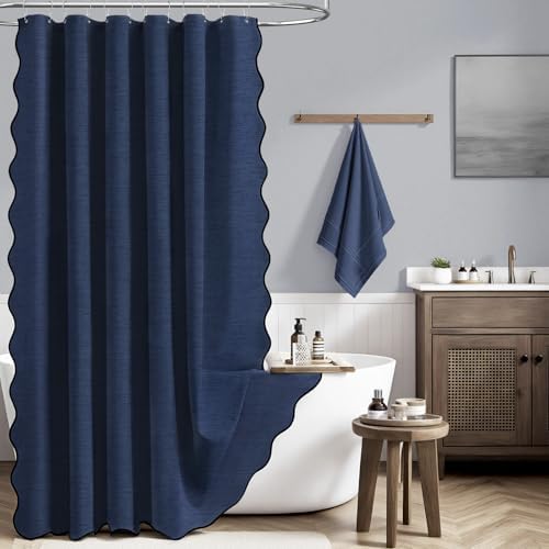 BTTN Extra Long Scalloped Linen Textured Shower Curtain, 72x96, Navy Blue