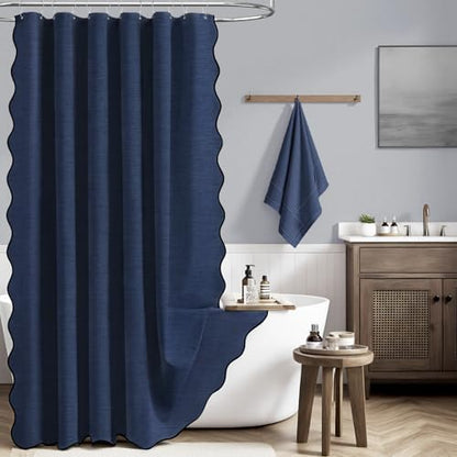 BTTN Extra Long Scalloped Linen Textured Shower Curtain, 72x96, Navy Blue