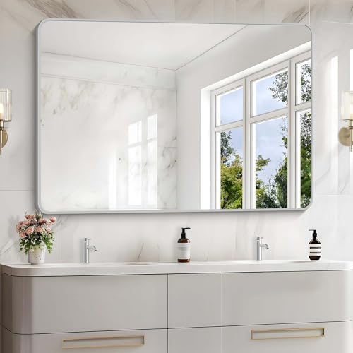 55x36 Inch Silver Bathroom Mirror, Large Rectangular Vanity Mirror, Metal Framed Rectangle Mirror, Rounded Corner Wall Mounted Mirrors for Living Room Bedroom Entryway Horizontal or Vertical