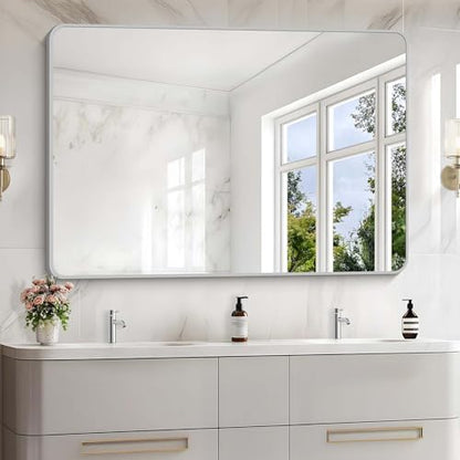 55x36 Inch Silver Bathroom Mirror, Large Rectangular Vanity Mirror, Metal Framed Rectangle Mirror, Rounded Corner Wall Mounted Mirrors for Living Room Bedroom Entryway Horizontal or Vertical