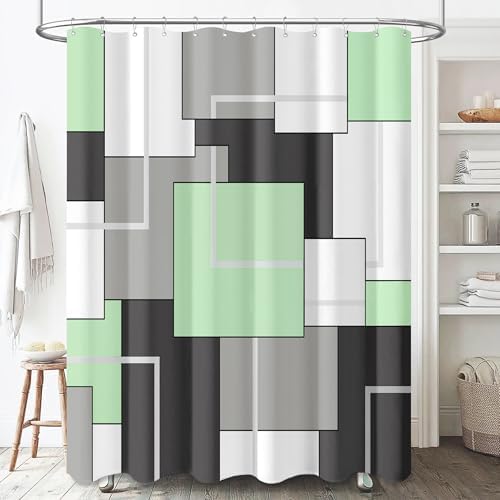 BTTN Mint Green Modern Geometric Waterproof Fabric Shower Curtain, 72 x 72