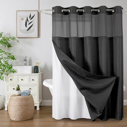 Colorful Star Black No Hook Waffle Shower Curtain with Liner, 72 x 81 Inch