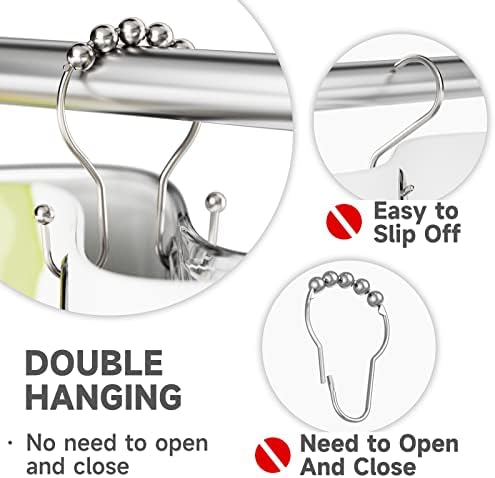 Shower Curtain Hooks Brushed Nickel Shower Curtain Rings Rust Proof, Bathway Balanced Smooth Glide Double Shower Curtain Hooks, Sturdy Shower Hooks for Shower Curtain 12 Pcs Shower Rod Hooks