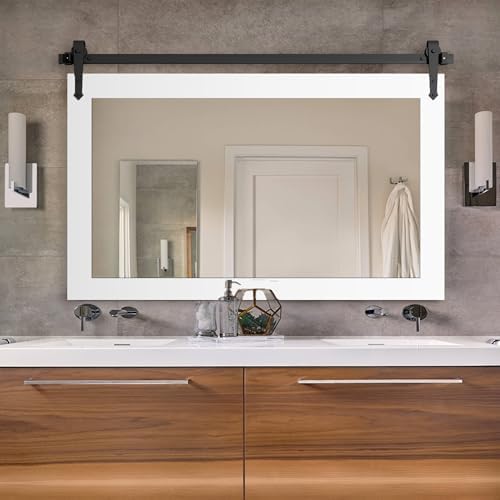 Farmhouse Barn Door Mirror - 42" x 28" Rustic Wood Framed Wall Mirror for Bathroom, Living Room, Bedroom Wall Decor (Bright White)