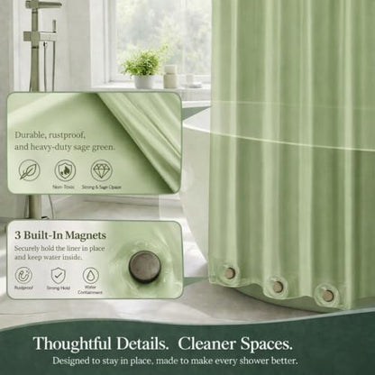EHZNZIE Sage Shower Curtain Liner 72x72, PEVA Waterproof Bath Curtain, No Chemical Smell, 3 Weighted Magnets, Durable with Rustproof Metal Grommets