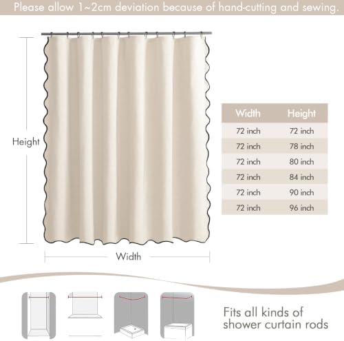 MIULEE Cream White Extra Long Scalloped Linen Shower Curtain 72x80 Inches