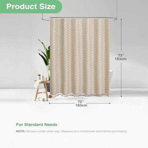 Dynamene Boho Farmhouse Fabric Shower Curtain Tufted Chevron 72"x72" Beige