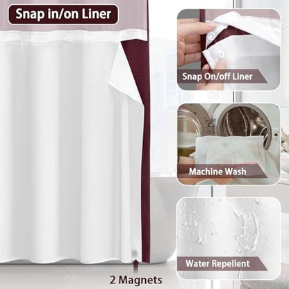 No Hook Shower Curtain with Liner Set Hotel Waffle Burgundy 72W X 75L