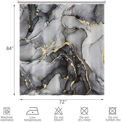 Black Marble Shower Curtain, Modern Abstract Luxury Black Gold Ink Texture Watercolor Art Bathroom Curtains Ombre Machine Washable Waterproof Fabric Bathtub Curtain Set with Hooks 72" Wx84 L