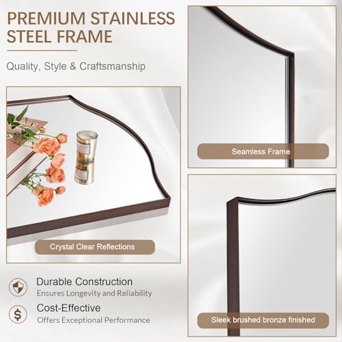 ANDY STAR 24"x30" Scalloped Mirror for Bathroom，Brushed Bronze Rectangle Wall Mirror with Curved Edge Stainless Steel Metal Frame, Wall-Mounted Mirror for Bathroom, Entryway, Living Room