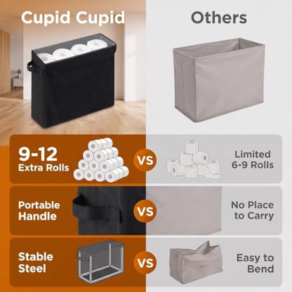 Cupic Cupid Bathroom Toilet Paper Storage - Toilet Paper Baskets with Lid Holds 9-12 Rolls, Extra Covered Slim Tissue Holder Cabinet, Narrow Container Bin Organizer Box Black