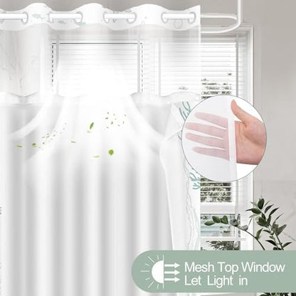 No Hook Shower Curtain and Liner Set, Green Beach Coastal 71x74
