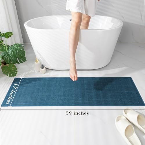 chakme Bathroom Rugs Mat 59x17, Ultra Thin Bath Rug Non Slip Runner Quick Dry Absorbent Bath Mat for Bathroom, (Dark Blue, 59"x17")